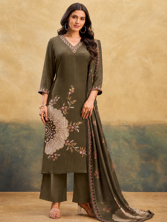 Elegant Olive Green Mul Suit